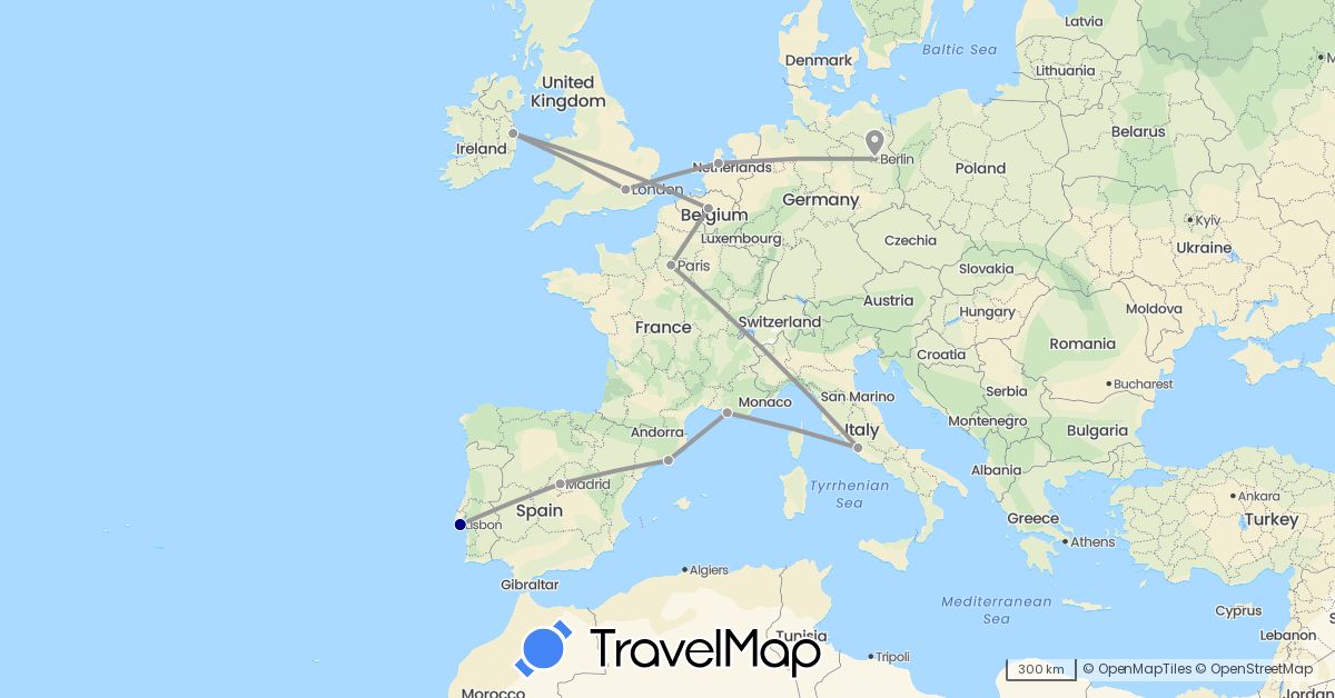 TravelMap itinerary: driving, plane in Belgium, Germany, Spain, France, United Kingdom, Ireland, Italy, Netherlands, Portugal (Europe)
